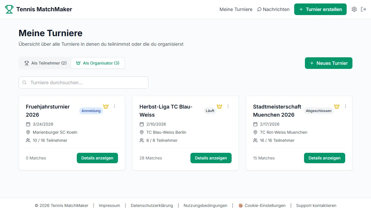 Dashboard mit allen eigenen Tennisturnieren und Statistiken